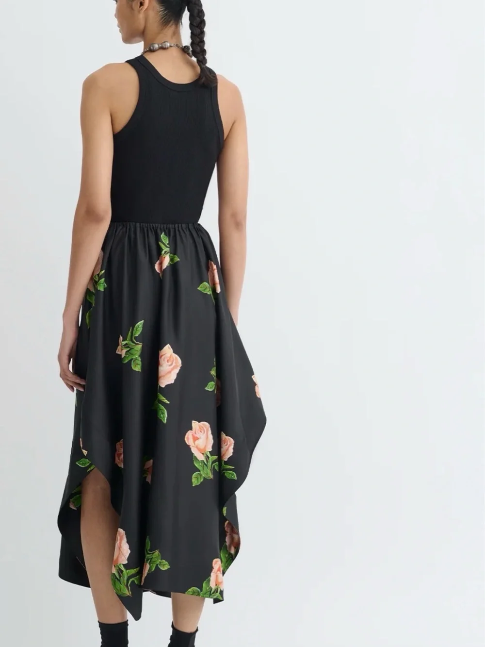 BNWT 100% SILK Nanushka Black Handkerchief-Hem Maxi Skirt with Peach Rose Print